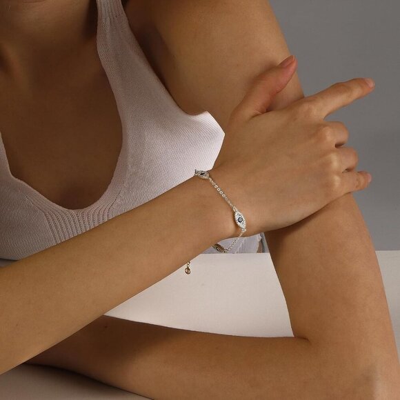 Sterling Silver SL-Evil Eye Link Chain Ring Bracelet Cubic Hand Chain for Women - Picture 2 of 8